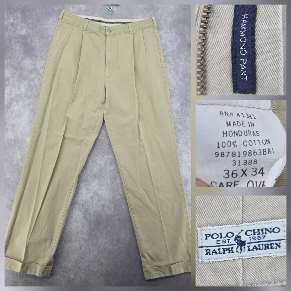 Vintage Polo Ralph Lauren Hammond Pant Mens 36x34 Pleated Chino Khaki Beige Cuff
